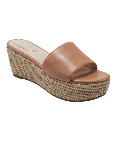 Women's Kennie Open Toe Slip-on Platform Wedge Sandals Brown $35.60 Shoes