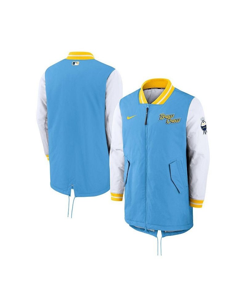 Men's Powder Blue Milwaukee Brewers Authentic Collection 2022 City Connect Full-Zip Dugout Jacket $96.60 Jackets