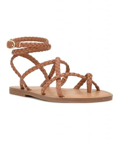 Women's Coralin Toe Ring Strappy Flat Sandals Brown $34.76 Shoes