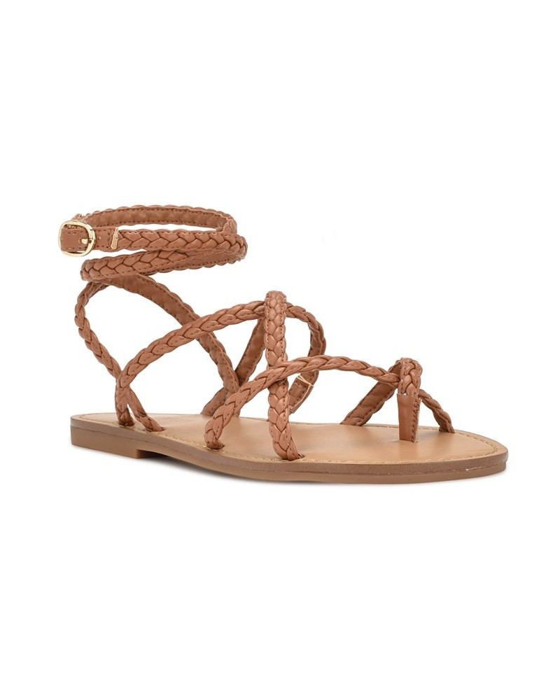 Women's Coralin Toe Ring Strappy Flat Sandals Brown $34.76 Shoes