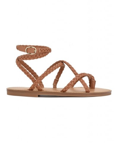 Women's Coralin Toe Ring Strappy Flat Sandals Brown $34.76 Shoes