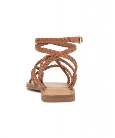 Women's Coralin Toe Ring Strappy Flat Sandals Brown $34.76 Shoes