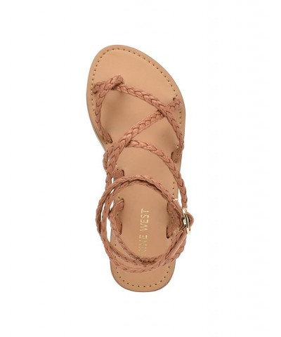 Women's Coralin Toe Ring Strappy Flat Sandals Brown $34.76 Shoes