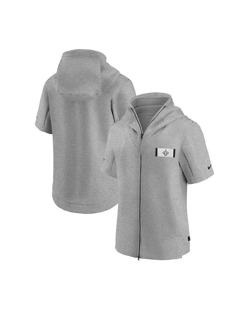 Men's Heathered Gray New Orleans Saints Sideline Showout Short Sleeve Full-Zip Hoodie Jacket $57.60 Jackets