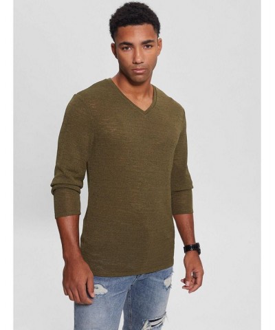 Men's Long-Sleeve Gauze V-neck Fitted T-shirt Green $32.43 Shirts