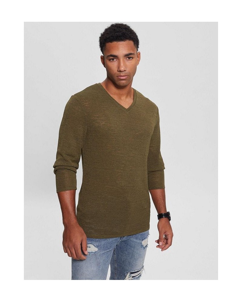 Men's Long-Sleeve Gauze V-neck Fitted T-shirt Green $32.43 Shirts