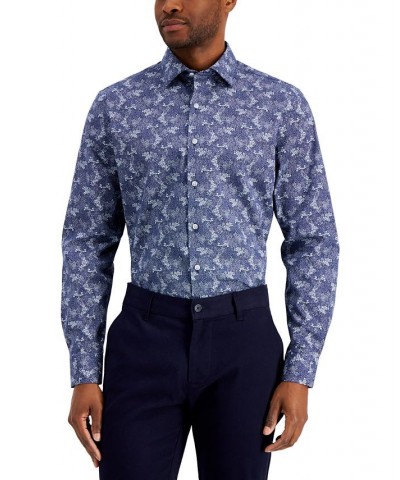 Men's Slim-Fit Stretch Floral Print Dress Shirt Blue $19.08 Dress Shirts