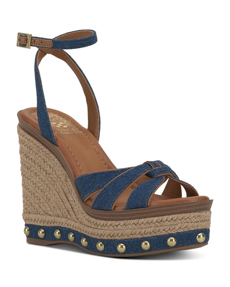 Poula Strappy Platform Wedge Sandals Blue $53.64 Shoes