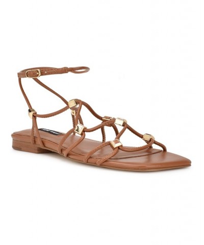 Women's Majah Square Toe Strappy Flat Sandals Brown $45.39 Shoes