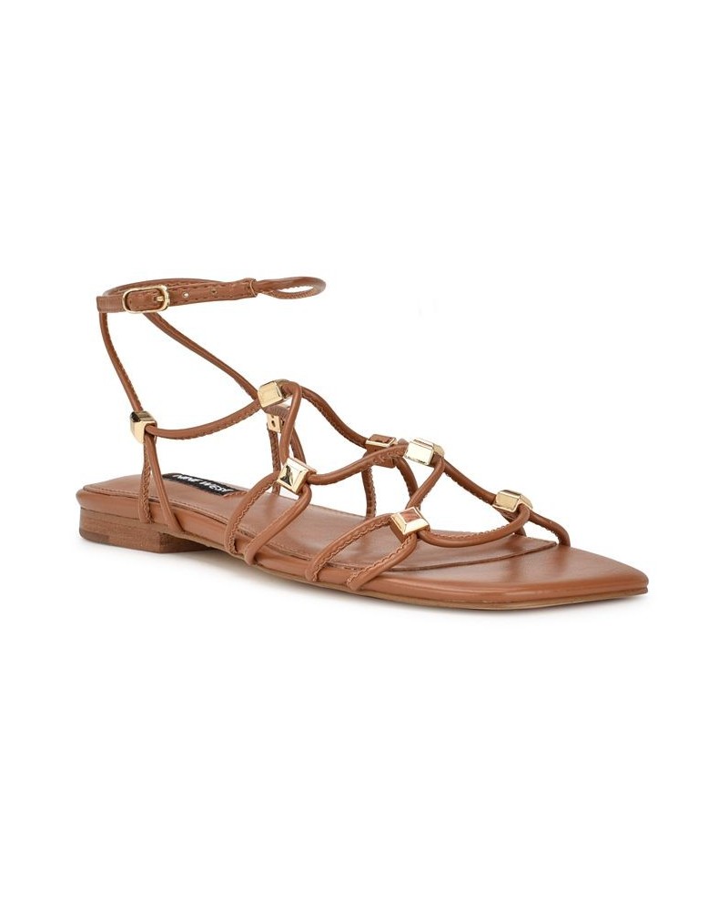 Women's Majah Square Toe Strappy Flat Sandals Brown $45.39 Shoes