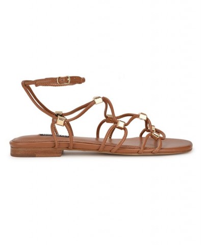 Women's Majah Square Toe Strappy Flat Sandals Brown $45.39 Shoes