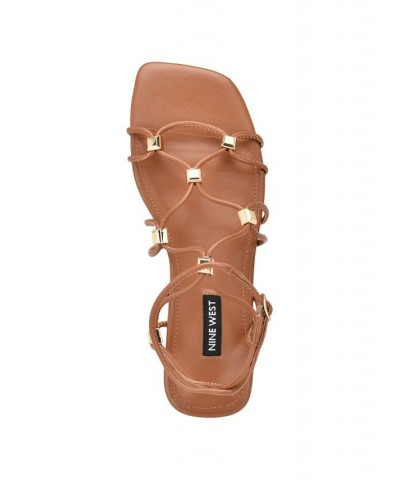 Women's Majah Square Toe Strappy Flat Sandals Brown $45.39 Shoes