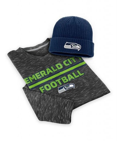 Men's Charcoal, College Navy Seattle Seahawks Long Sleeve T-shirt Cuffed Knit Hat Combo Set $19.27 T-Shirts