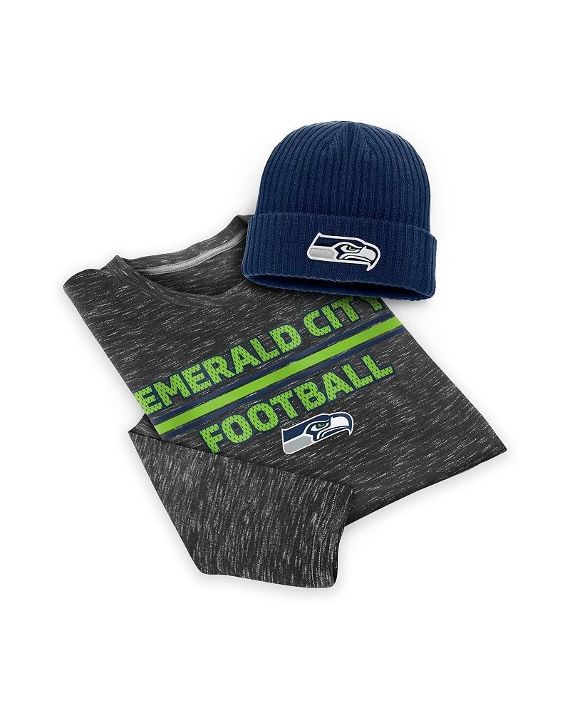 Men's Charcoal, College Navy Seattle Seahawks Long Sleeve T-shirt Cuffed Knit Hat Combo Set $19.27 T-Shirts