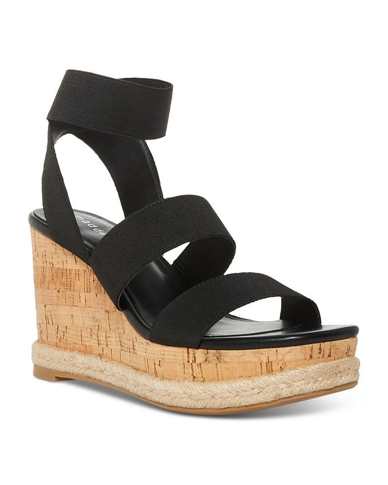 Maranda Stretch Ankle-Strap Platform Wedge Sandals Black $27.60 Shoes