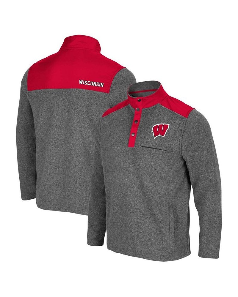 Men's Heather Charcoal, Red Wisconsin Badgers Huff Snap Pullover $32.25 Sweatshirt