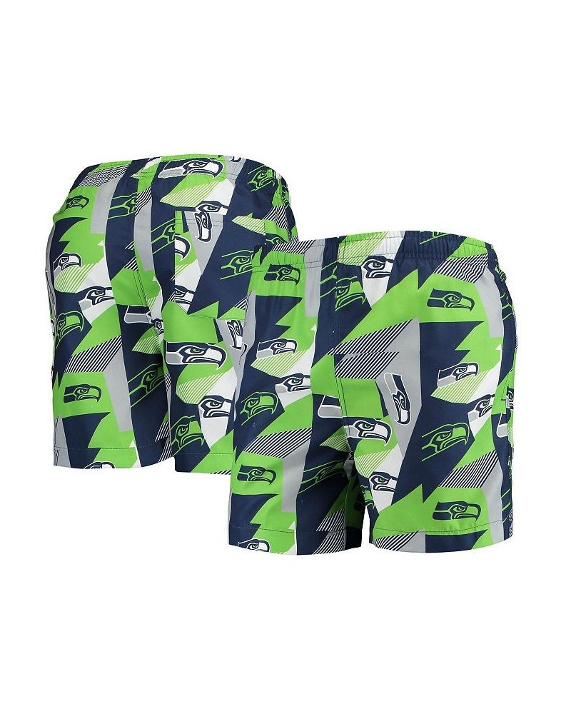 Men's College Navy and Neon Green Seattle Seahawks Geo Print Swim Trunks $28.07 Swimsuits