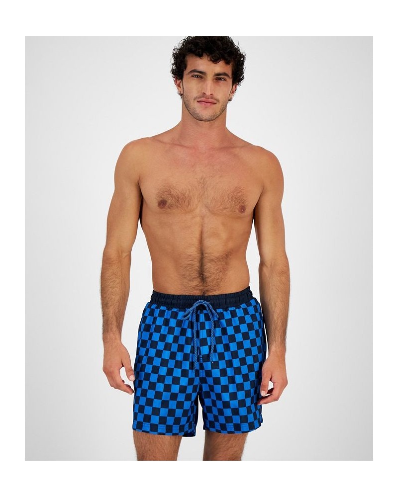 INC Men's Zane Checkerboard 5" Swim Trunks Blue $12.60 Swimsuits