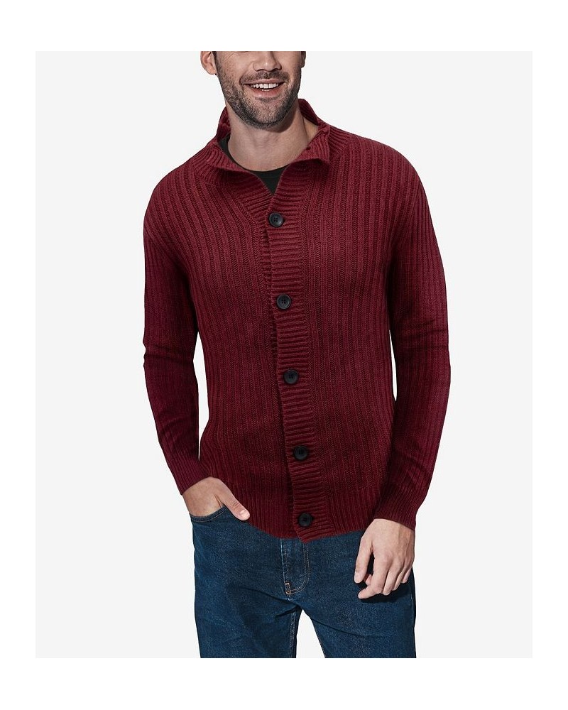 Men's Button Up Stand Collar Ribbed Knit Cardigan Sweater Red $31.90 Sweaters