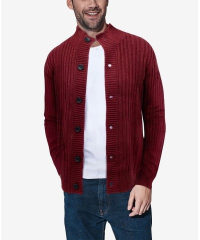 Men's Button Up Stand Collar Ribbed Knit Cardigan Sweater Red $31.90 Sweaters