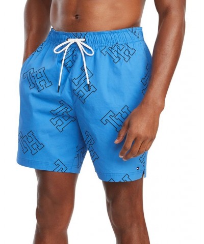 Men's Allover Monogram Print Drawstring 7" Swim Trunks Blue $20.81 Swimsuits