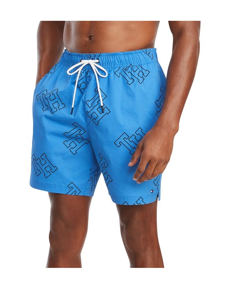 Men's Allover Monogram Print Drawstring 7" Swim Trunks Blue $20.81 Swimsuits