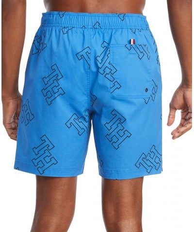 Men's Allover Monogram Print Drawstring 7" Swim Trunks Blue $20.81 Swimsuits