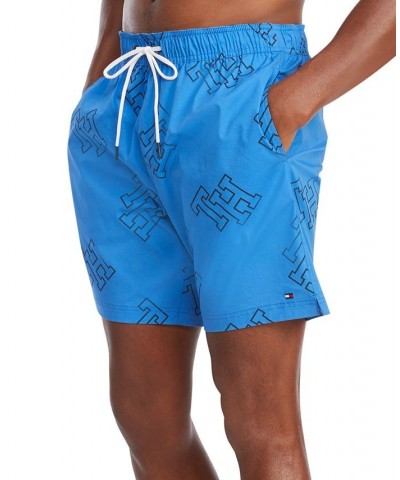 Men's Allover Monogram Print Drawstring 7" Swim Trunks Blue $20.81 Swimsuits