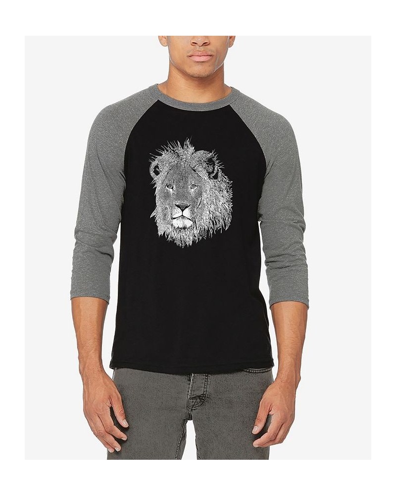 Men's Raglan Baseball Word Art Lion T-shirt Gray and Black $24.74 T-Shirts