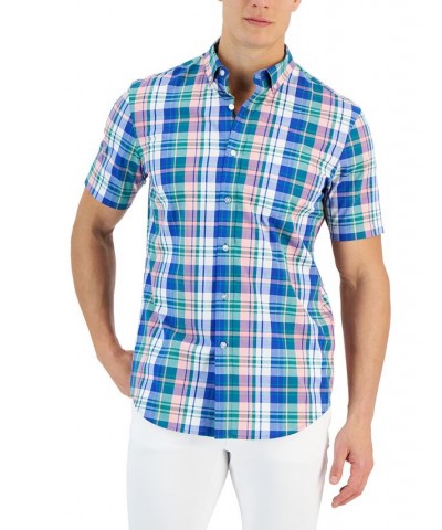 Crown Classic-Fit Plaid Button-Down Poplin Shirt Blue $13.11 Shirts