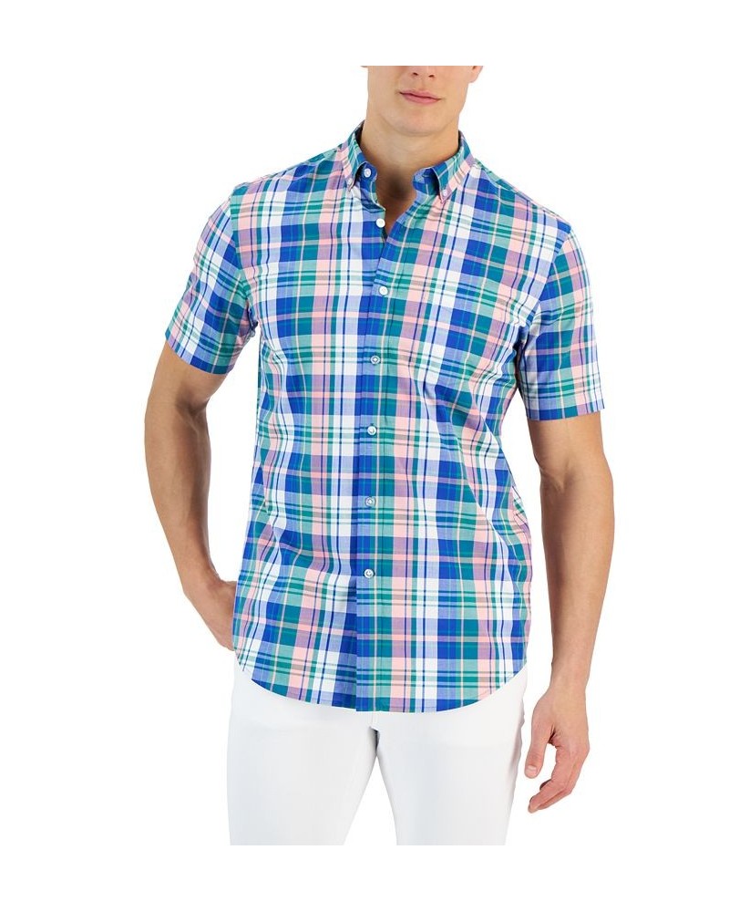 Crown Classic-Fit Plaid Button-Down Poplin Shirt Blue $13.11 Shirts